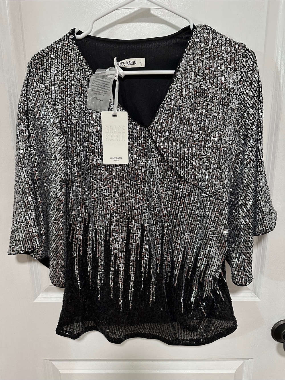 Grace Karin Black and Silver Sequin Draped V-Neck Blouse
